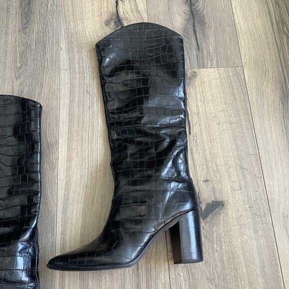 Schutz Analeah Lizard Embossed Knee High Boots Black Size 8.5 Block Heel - Picture 3 of 10